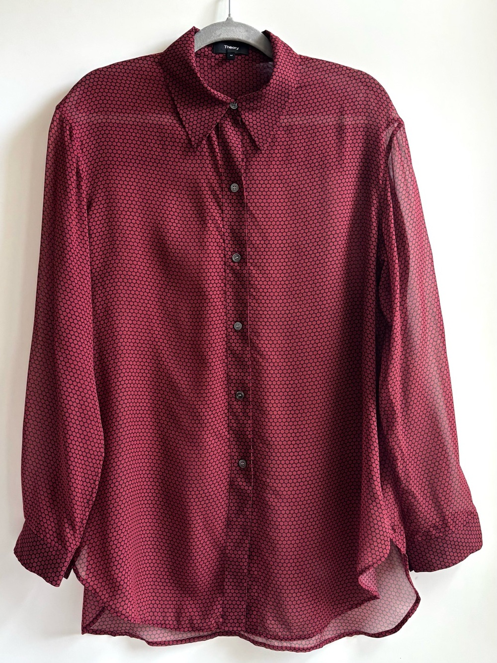 Theory Silk Weekender Dot Chiffon Longsleeve Top Blouse Burgundy Maroon Medium